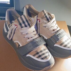 Burberry Plaid Sneakers with Gray and Tan Accents